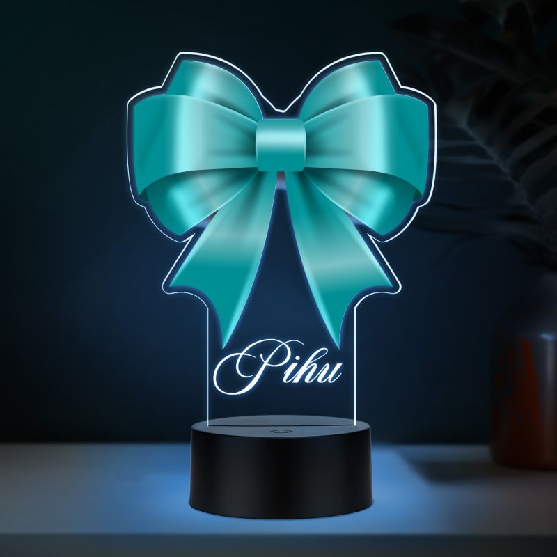 Personalized Turquoise Bow Theme LED Night Light Lamp Custom with Name Girls Room Decor Birthday Gift for Girls Return Gift for Girl Multicolored Light & USB Powered